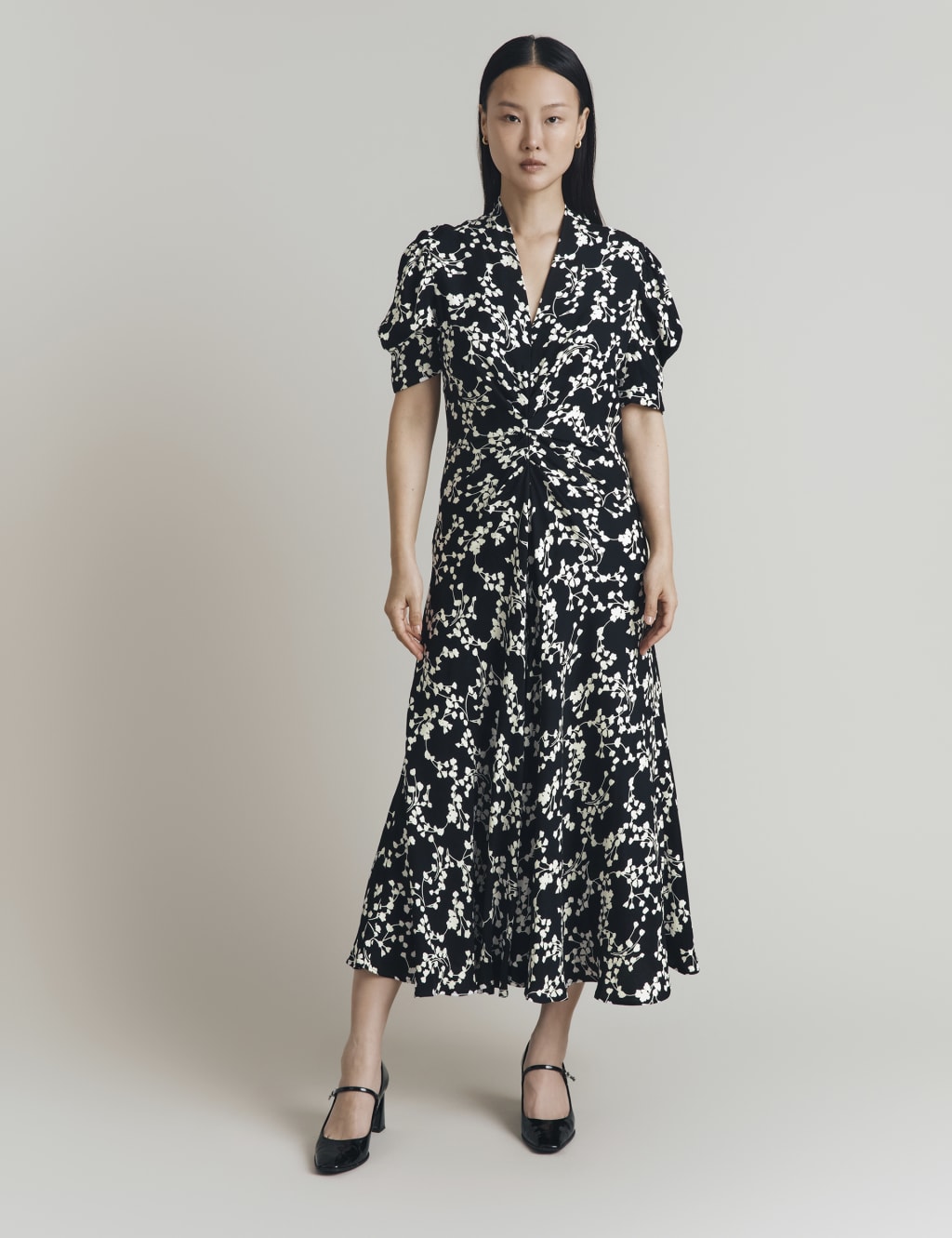 Crepe Floral V-Neck Midi Tea Dress