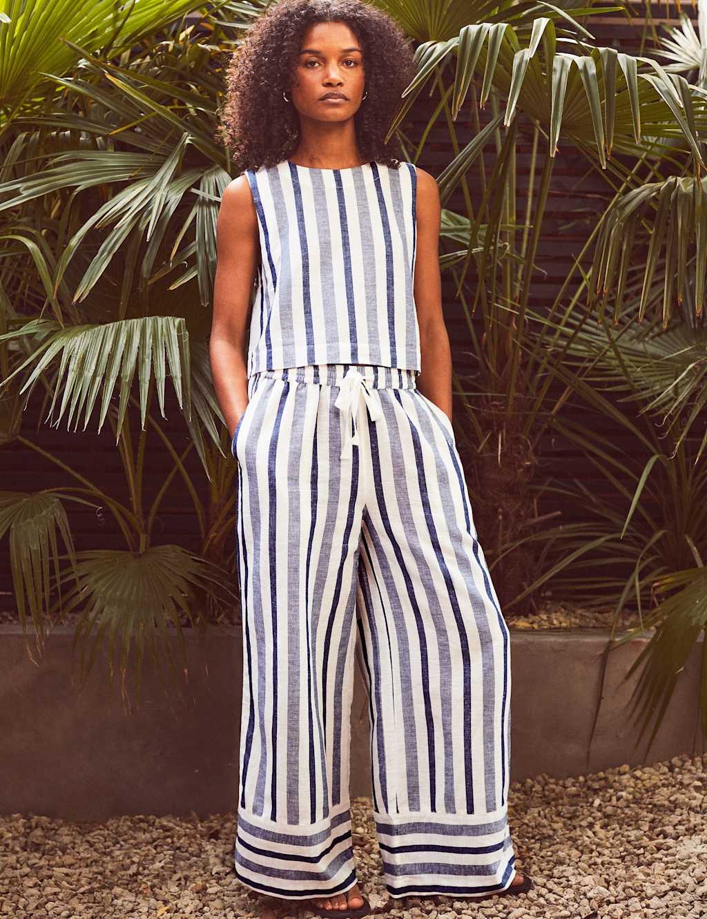 Ro&Zo Women's Cotton Rich Striped Wide Leg Trousers with Linen - 12 - Blue Mix - Available at M&S