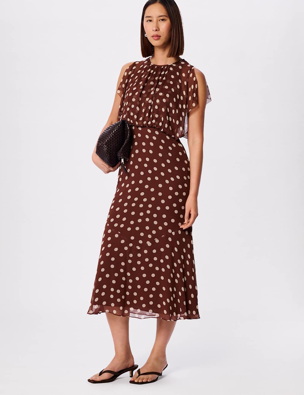 Whistles Women's Polka Dot Crew Neck Midi Waisted Dress - 10 - Brown Mix - Available at M&S