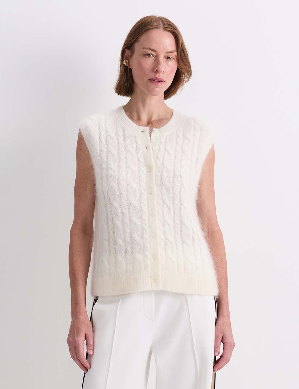 Sportscraft Women's Mohair Blend Cable Knit Button Through Vest - Small - Cream - Available at M&S