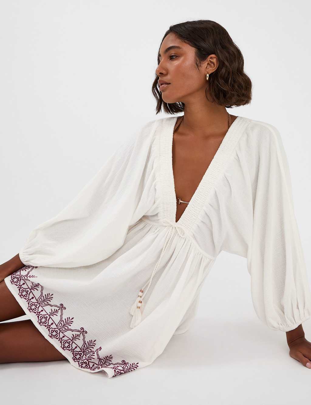 ACCESSORIZE Pure Cotton Embroidered V-Neck Beach Dress Ivory