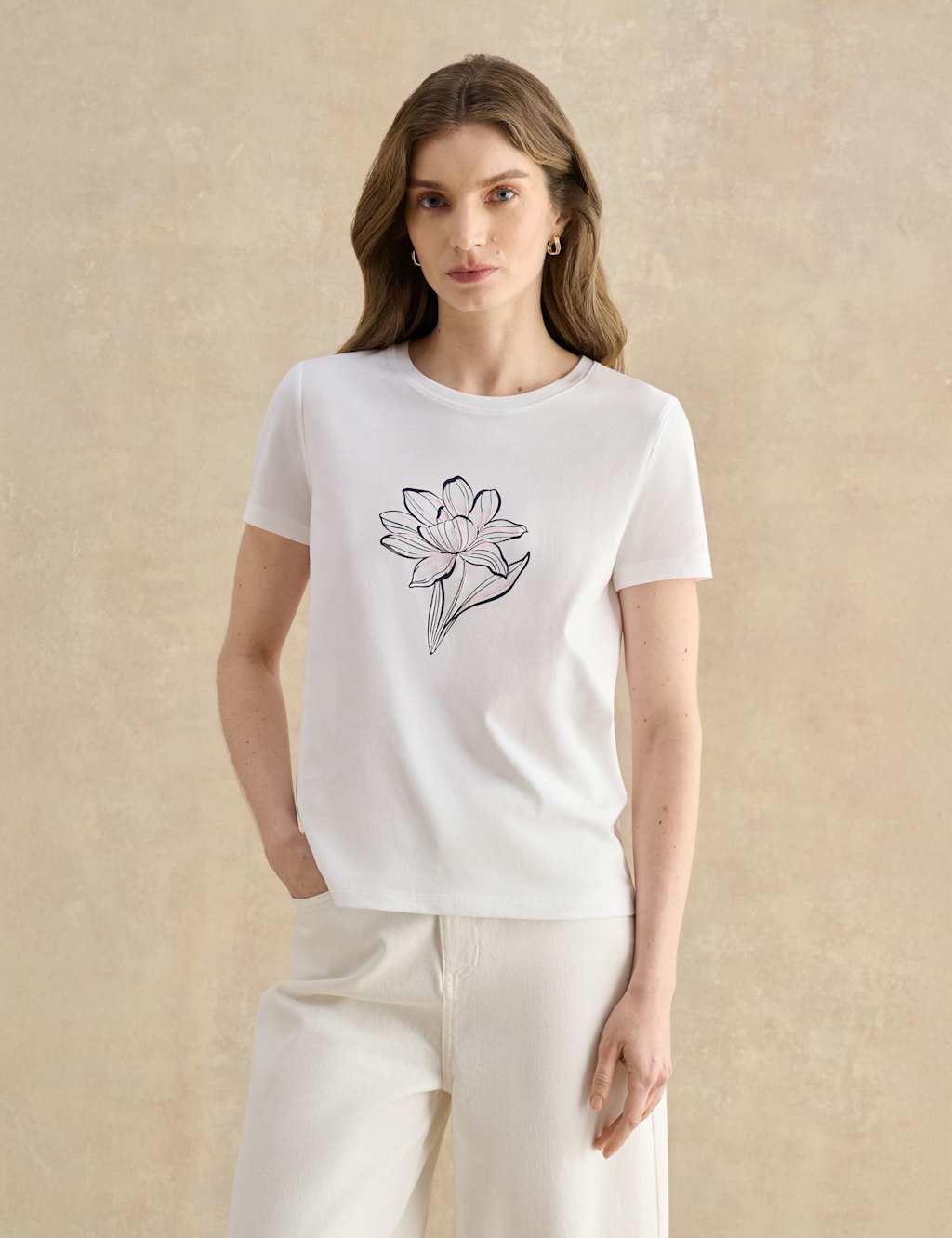 Hobbs Women's Pure Cotton Floral Relaxed T-Shirt - Large - White Mix - Available at M&S