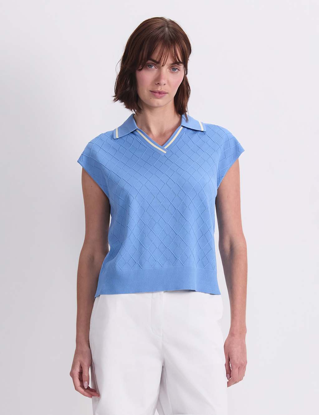 Sportscraft Women's Knitted Argyle Textured Polo Shirt - Medium - Blue - Available at M&S