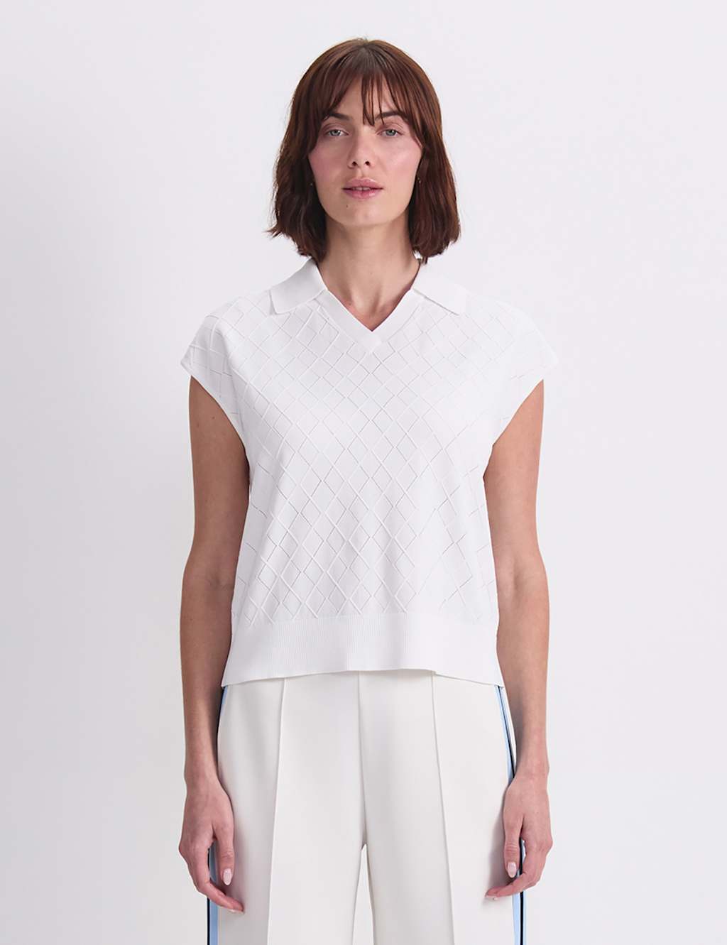 Sportscraft Women's Knitted Argyle Textured Polo Shirt - Small - Cream - Available at M&S