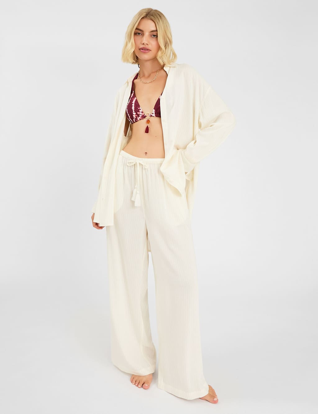 ACCESSORIZE Striped Beach Cover Up Shirt Ivory