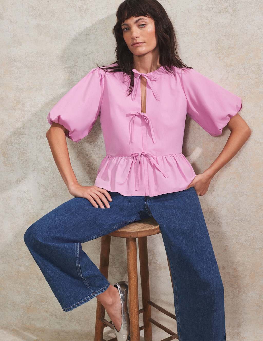 Pure Cotton Tie Front Peplum Top