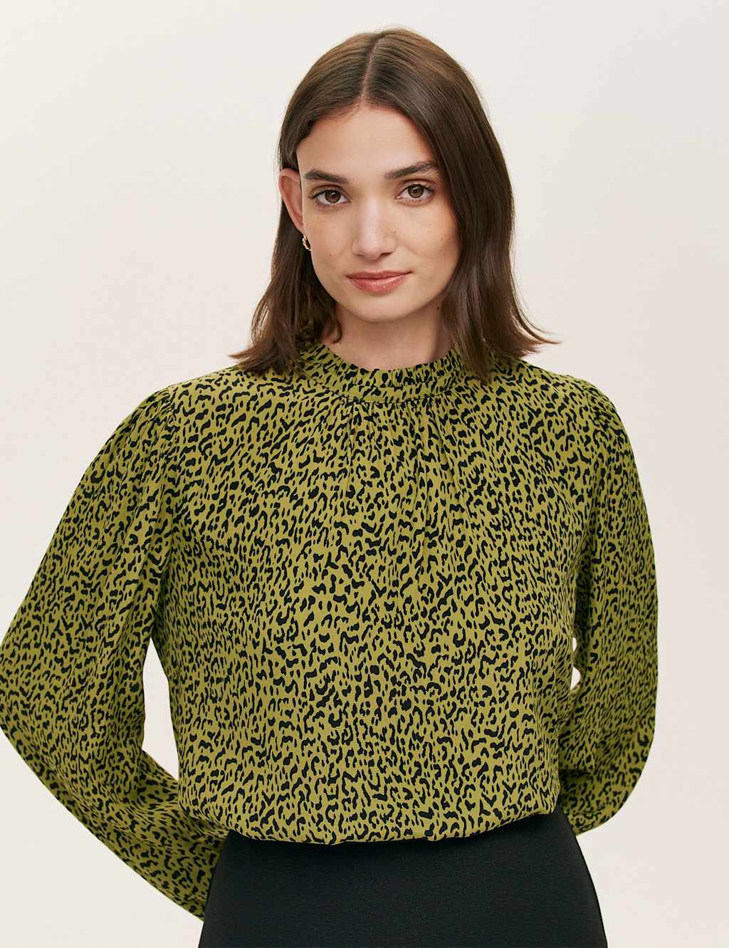 Finery London Crepe Leopard Print High Neck Blouse Green Mix