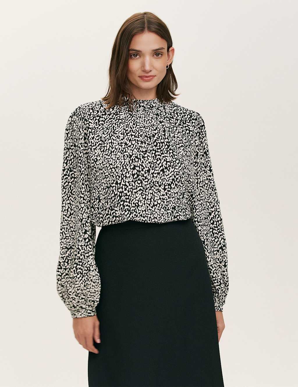 Finery London Crepe Leopard Print High Neck Blouse Black Mix