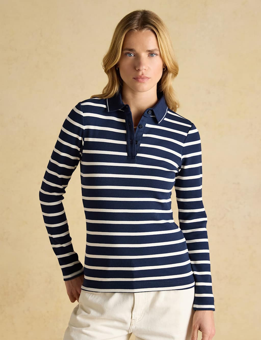 Joules Women's Cotton Rich Ribbed Striped Polo Top - 20 - Navy Mix - Available at M&S