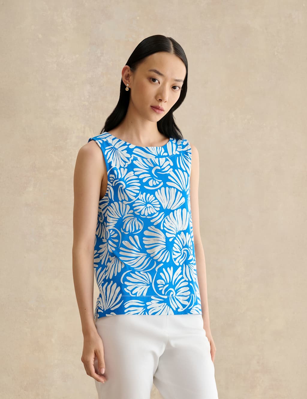 Hobbs Women's Pure Cotton Fern Print Crew Neck Top - Small - Blue Mix - Available at M&S