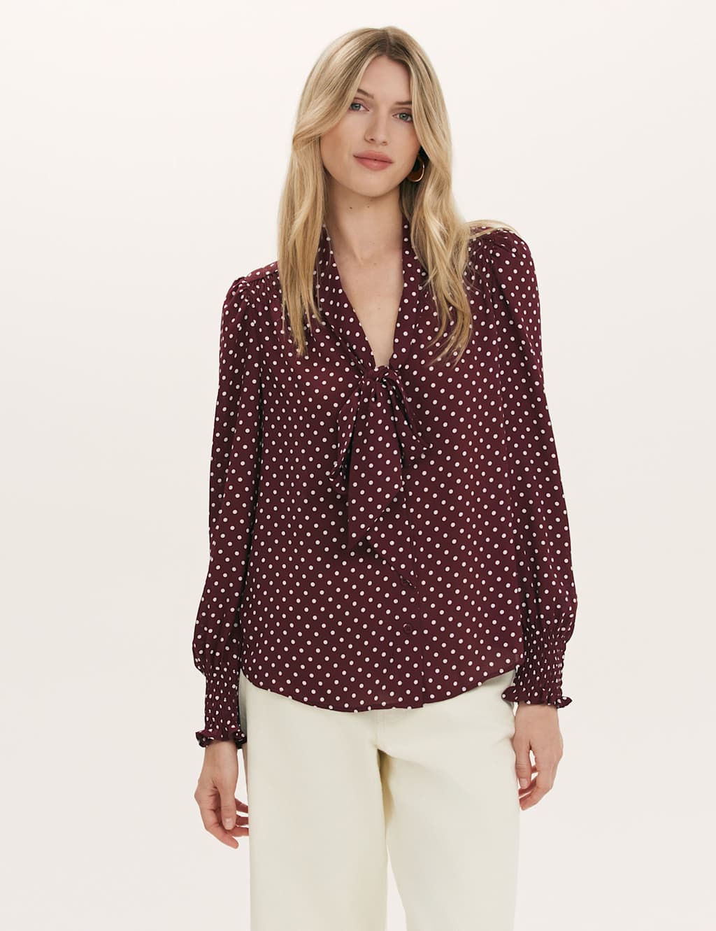 Finery London Polka Dot Tie Neck Blouson Sleeve Blouse Burgundy Mix