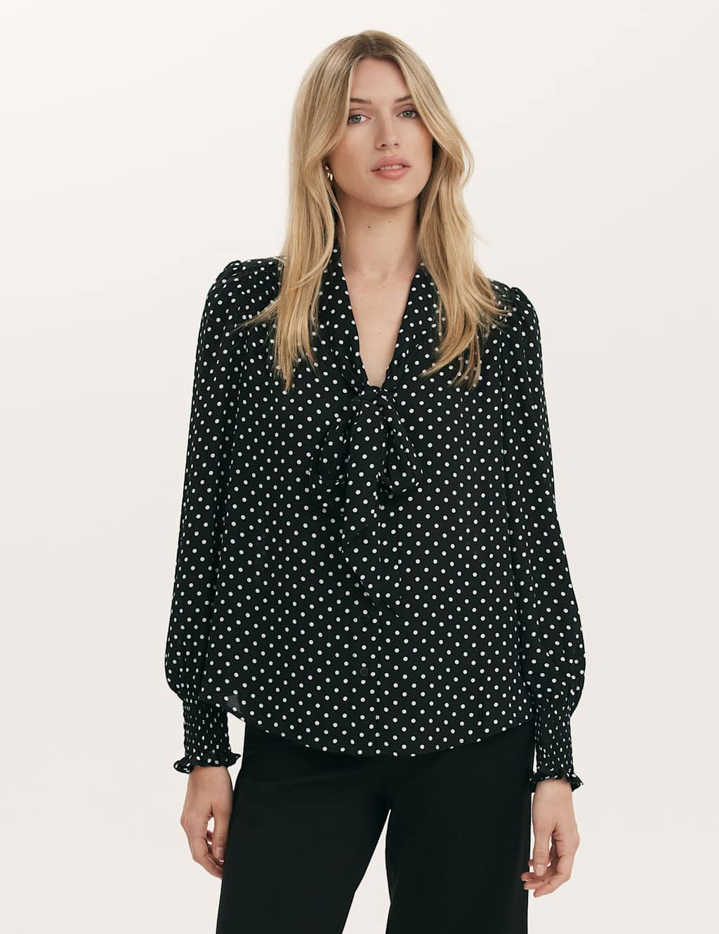 Finery London Polka Dot Tie Neck Blouson Sleeve Blouse Black Mix