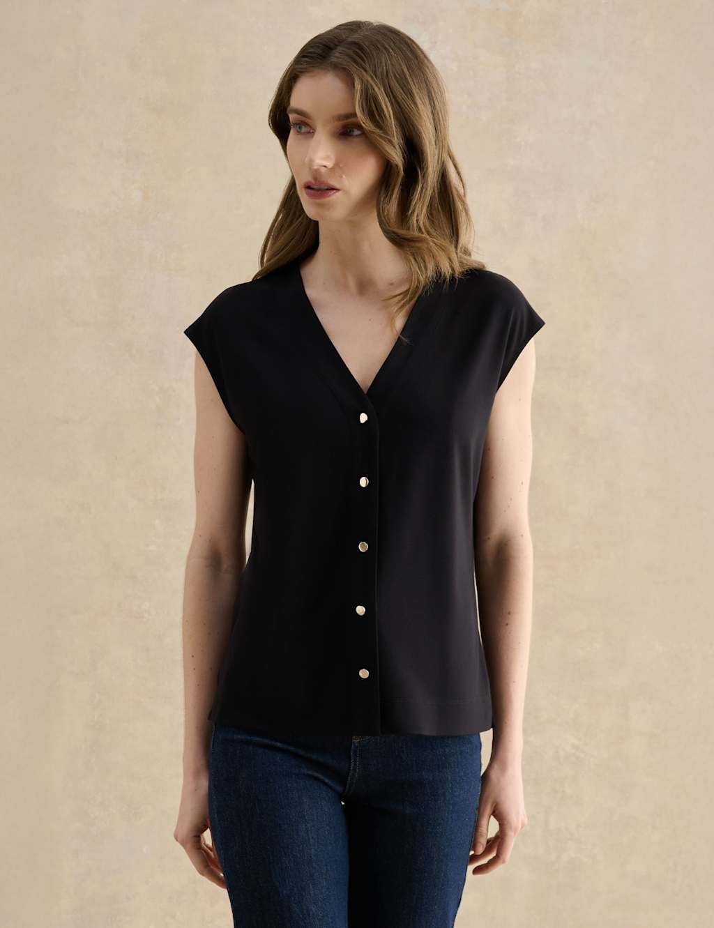 Hobbs Women's V-Neck Button Detail Top - Medium - Black - Available at M&S