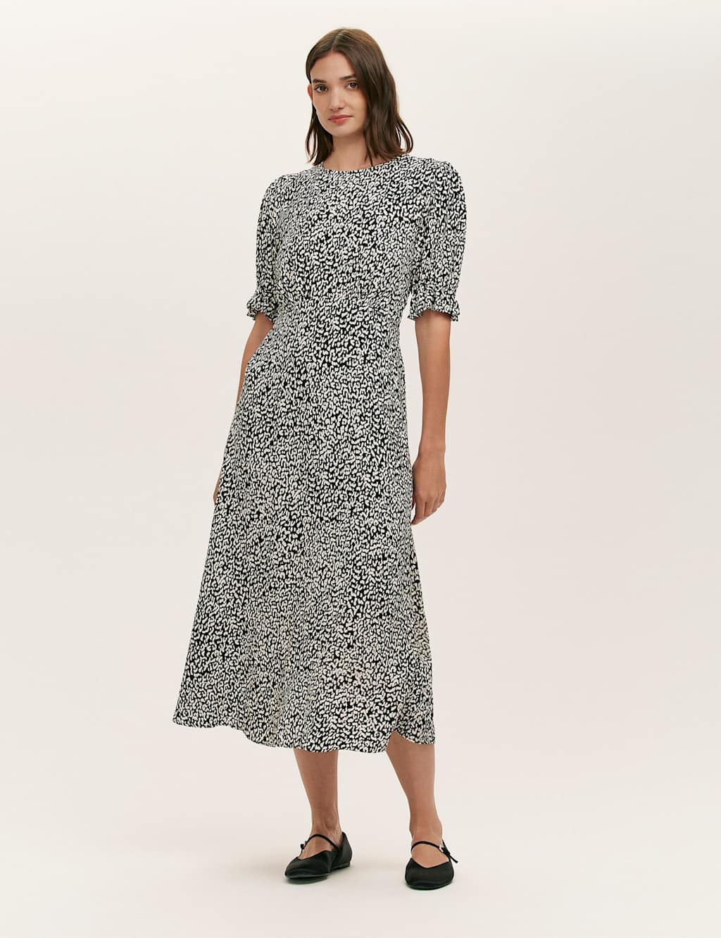 Finery London Crepe Printed Puff Sleeve Midi Tea Dress Black Mix