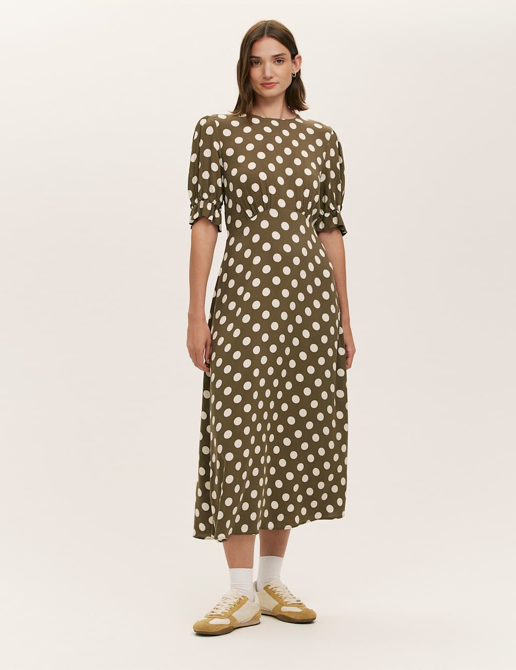 Finery London Polka Dot Midi Tea Dress Green Mix