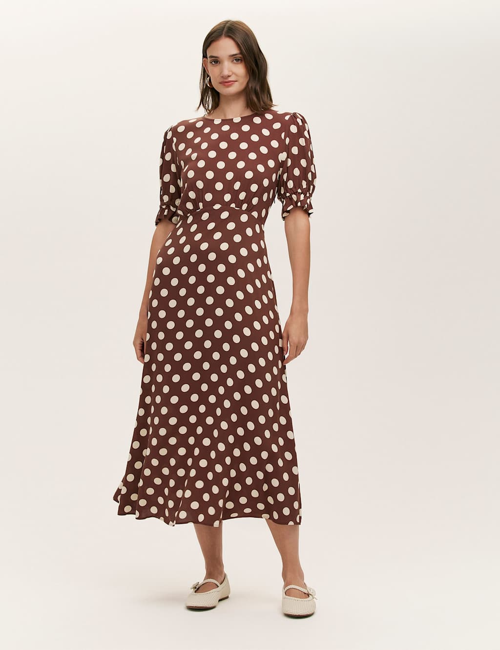 Finery London Polka Dot Midi Tea Dress Brown Mix