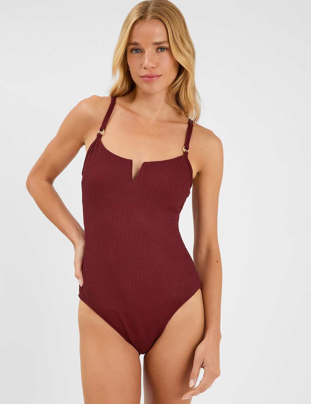 ACCESSORIZE Textured V-Front Swimsuit Burgundy