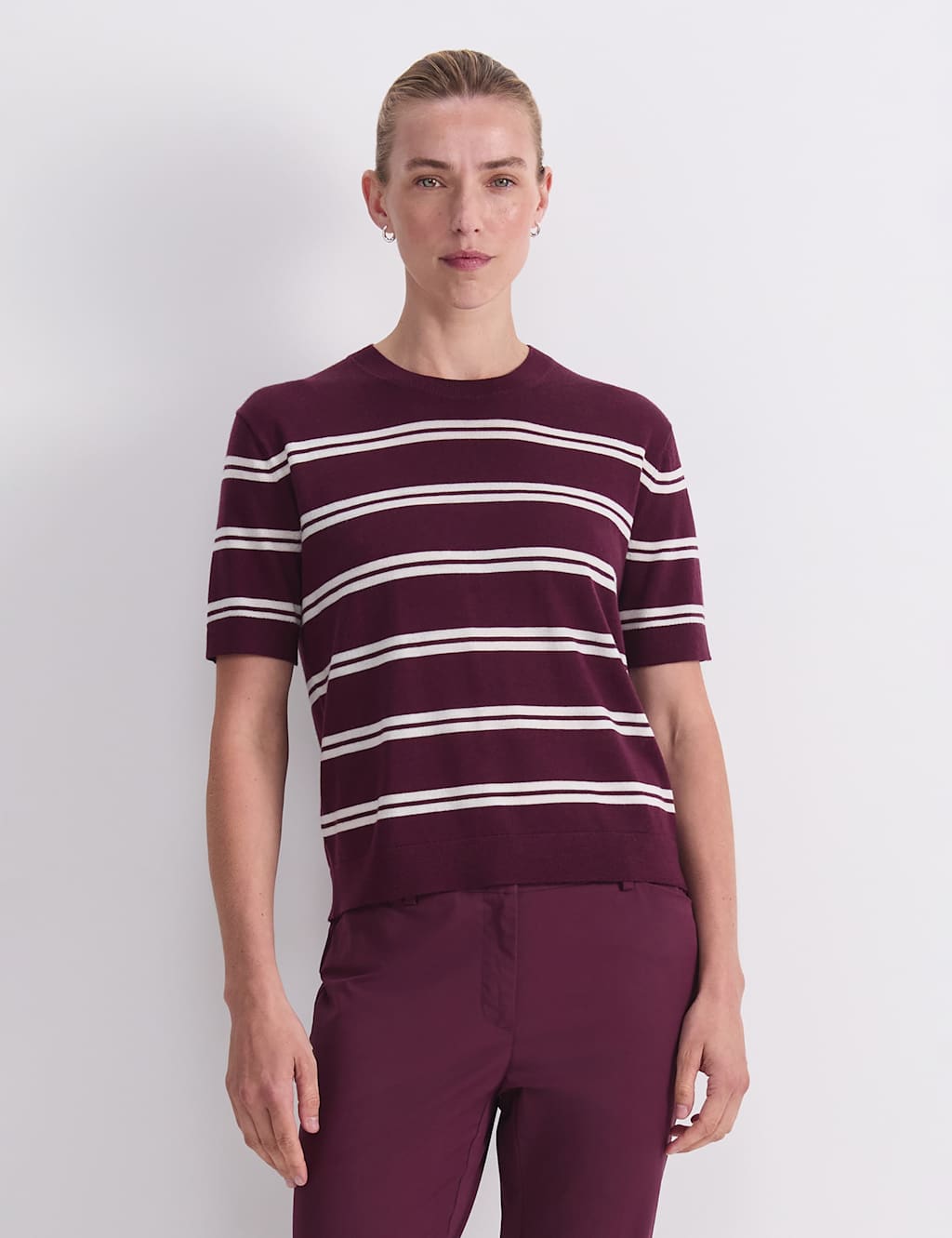 Sportscraft Women's Pure Wool Striped Knitted T-Shirt - Medium - Purple - Available at M&S