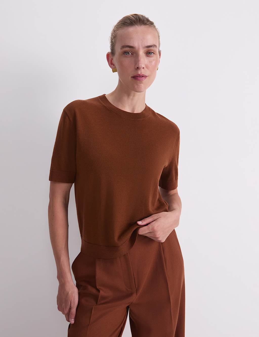 Sportscraft Women's Pure Wool Striped Knitted T-Shirt - Large - Brown - Available at M&S