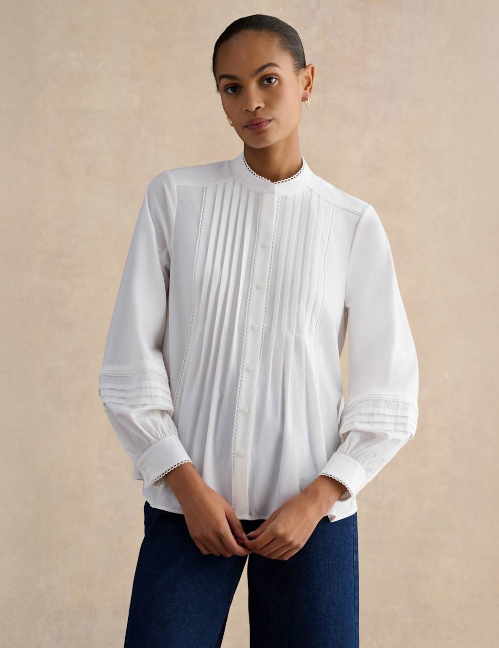 Hobbs Women's Cotton Blend Textured High Neck Blouse - 14 - Cream - Available at M&S