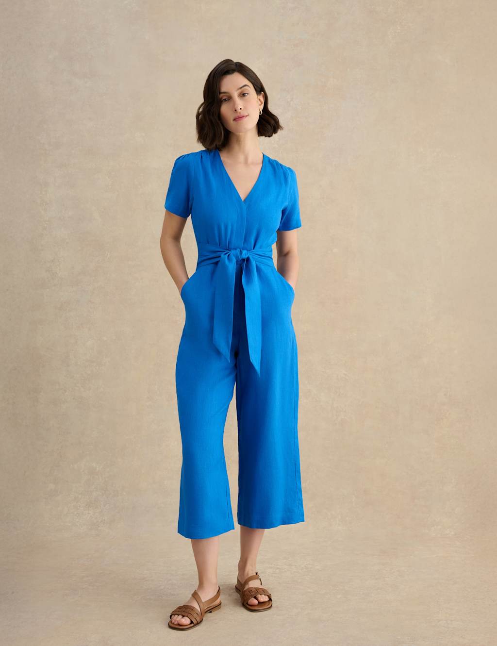 Hobbs Women's Pure Linen Tie Waist Cropped Jumpsuit - 16 - Blue - Available at M&S