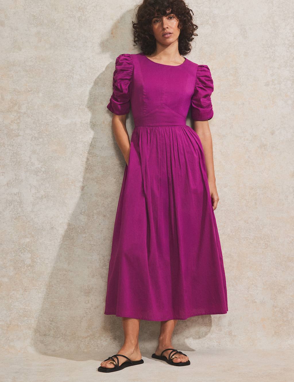 Pure Cotton Round Neck Midi Waisted Dress