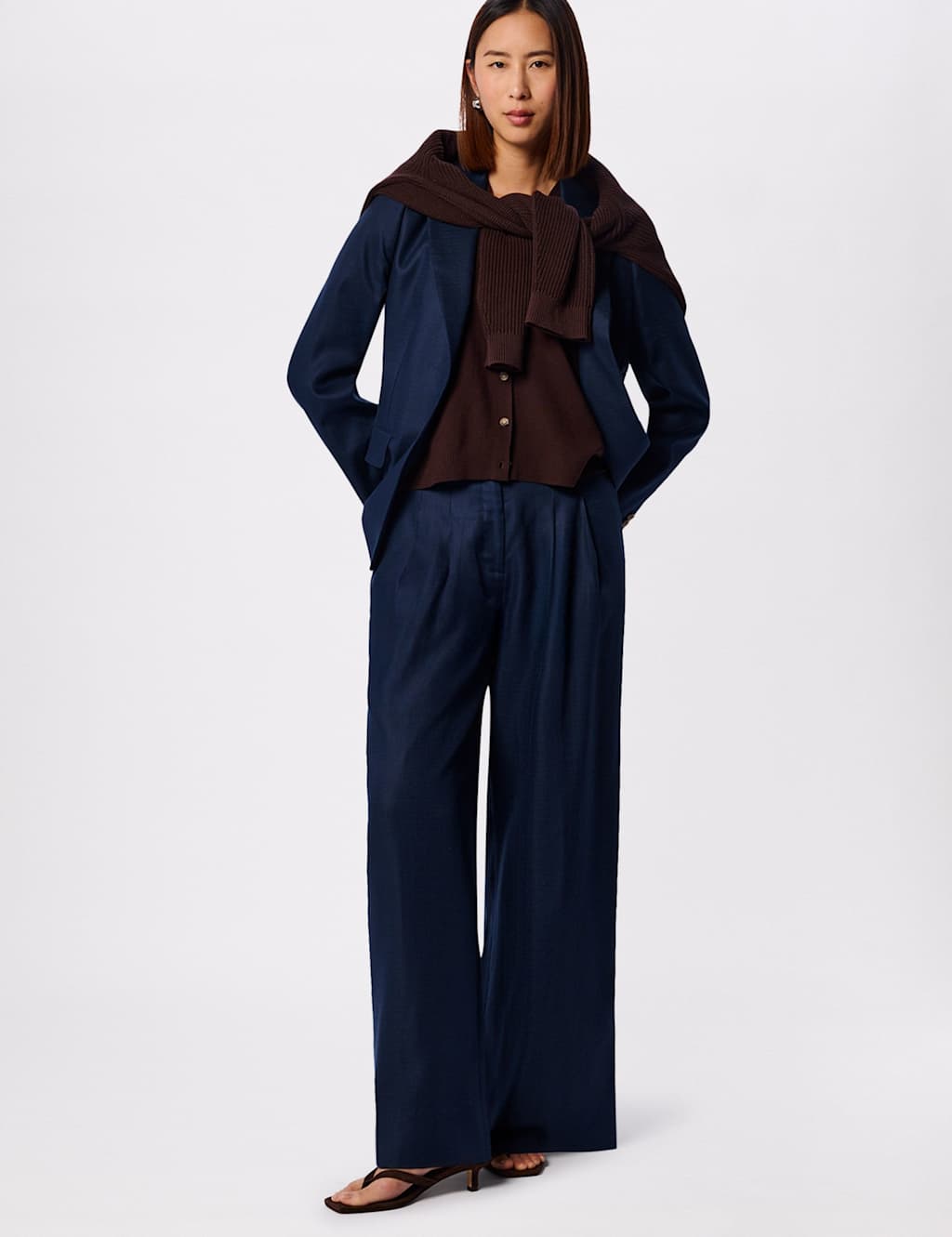 Whistles Women's Pure Lyocell Hopsack Wide Leg Trousers - 14 - Navy - Available at M&S