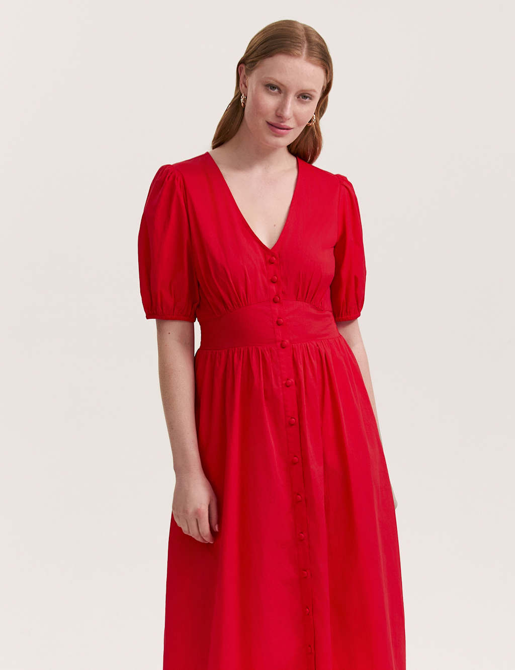 Finery London Women's Pure Cotton V-Neck Midi Tea Dress - 24 - Red - Available at M&S