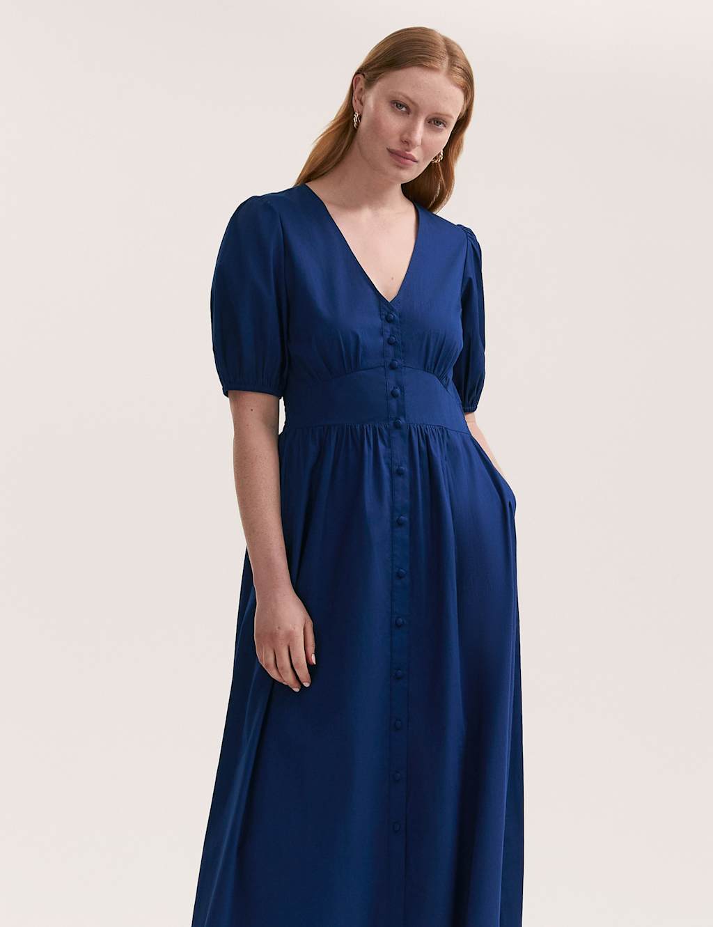 Finery London Women's Pure Cotton V-Neck Midi Tea Dress - 12 - Indigo - Available at M&S
