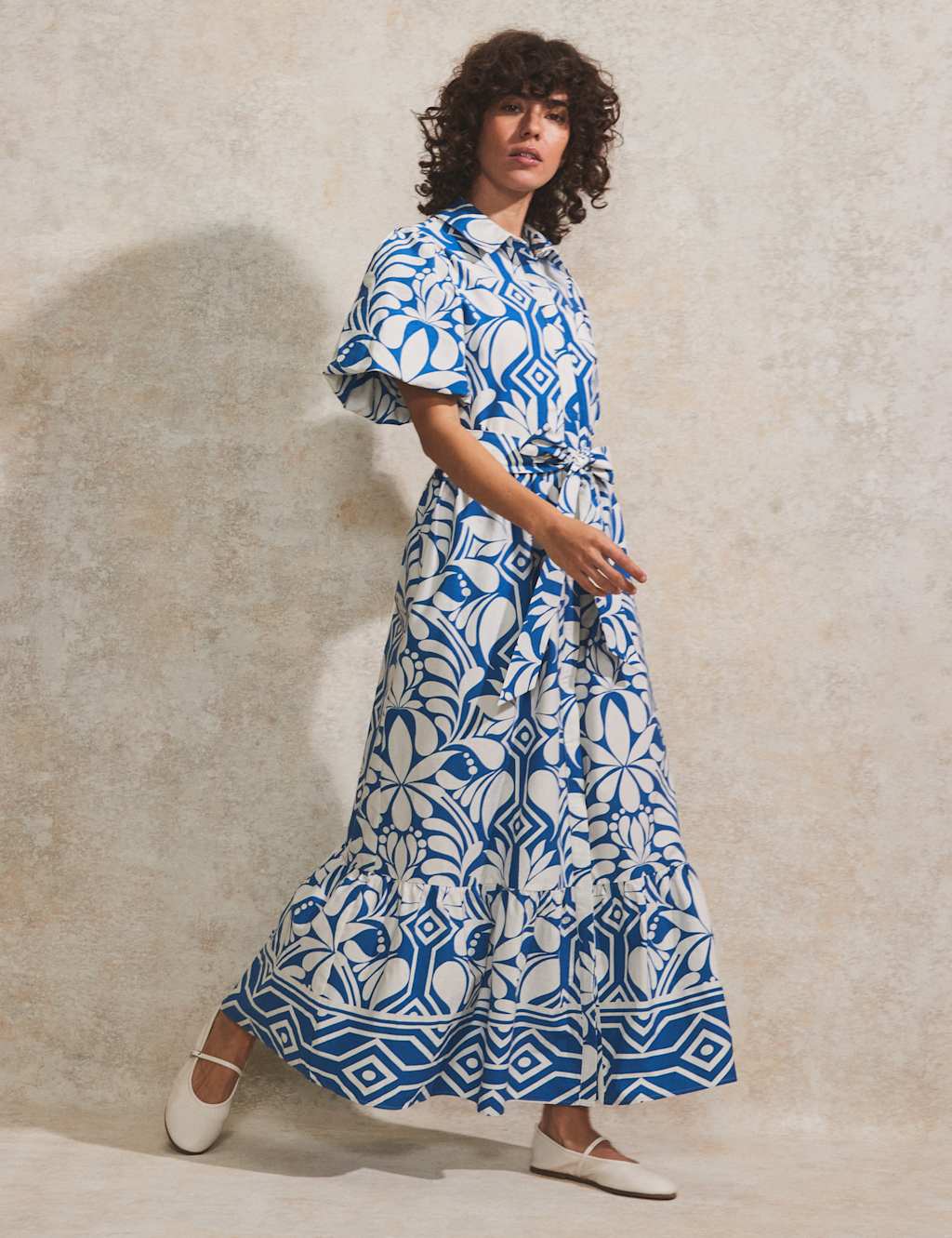 Pure Cotton Geometric Midaxi Shirt Dress