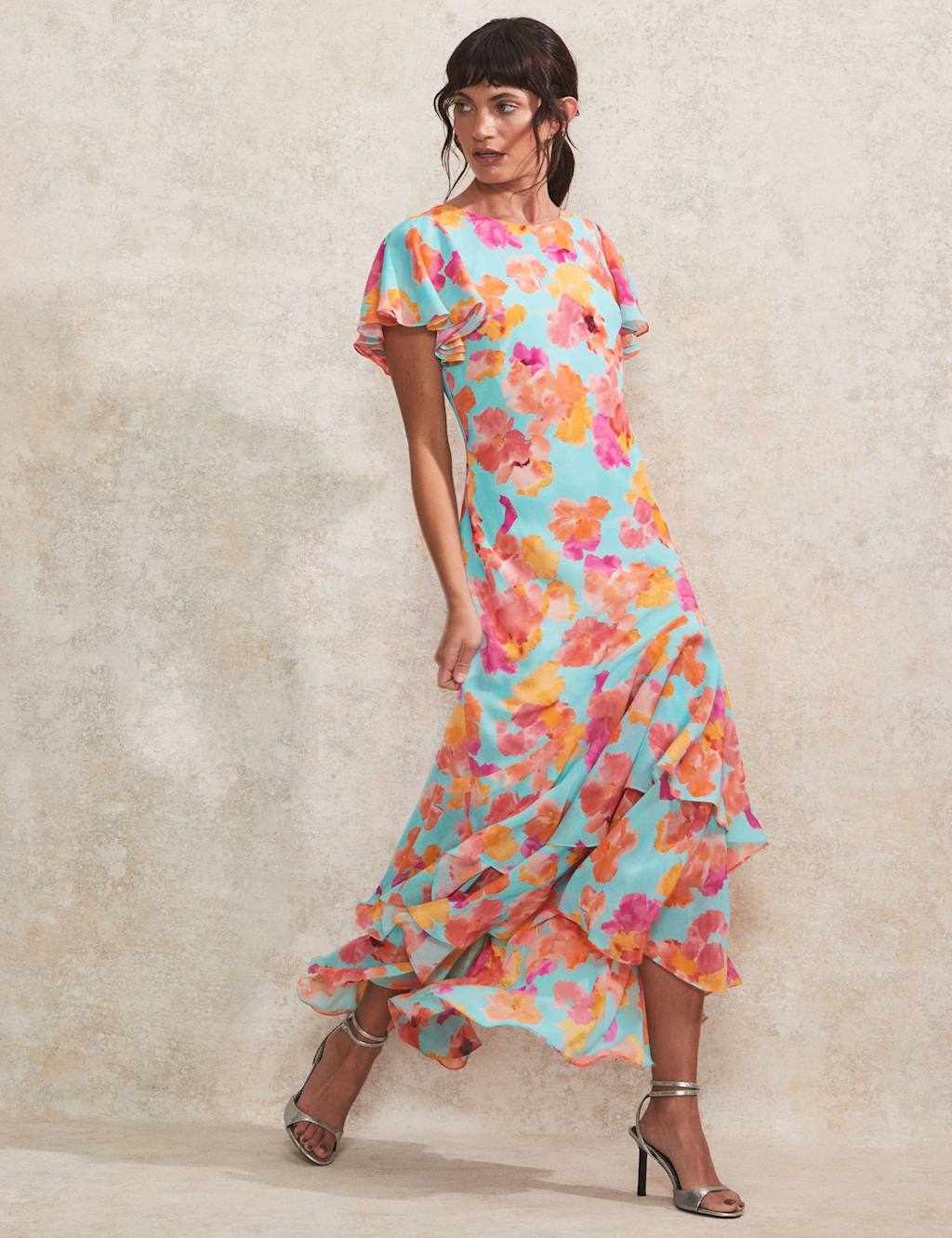 Floral Frill Sleeve Maxi Tiered Dress