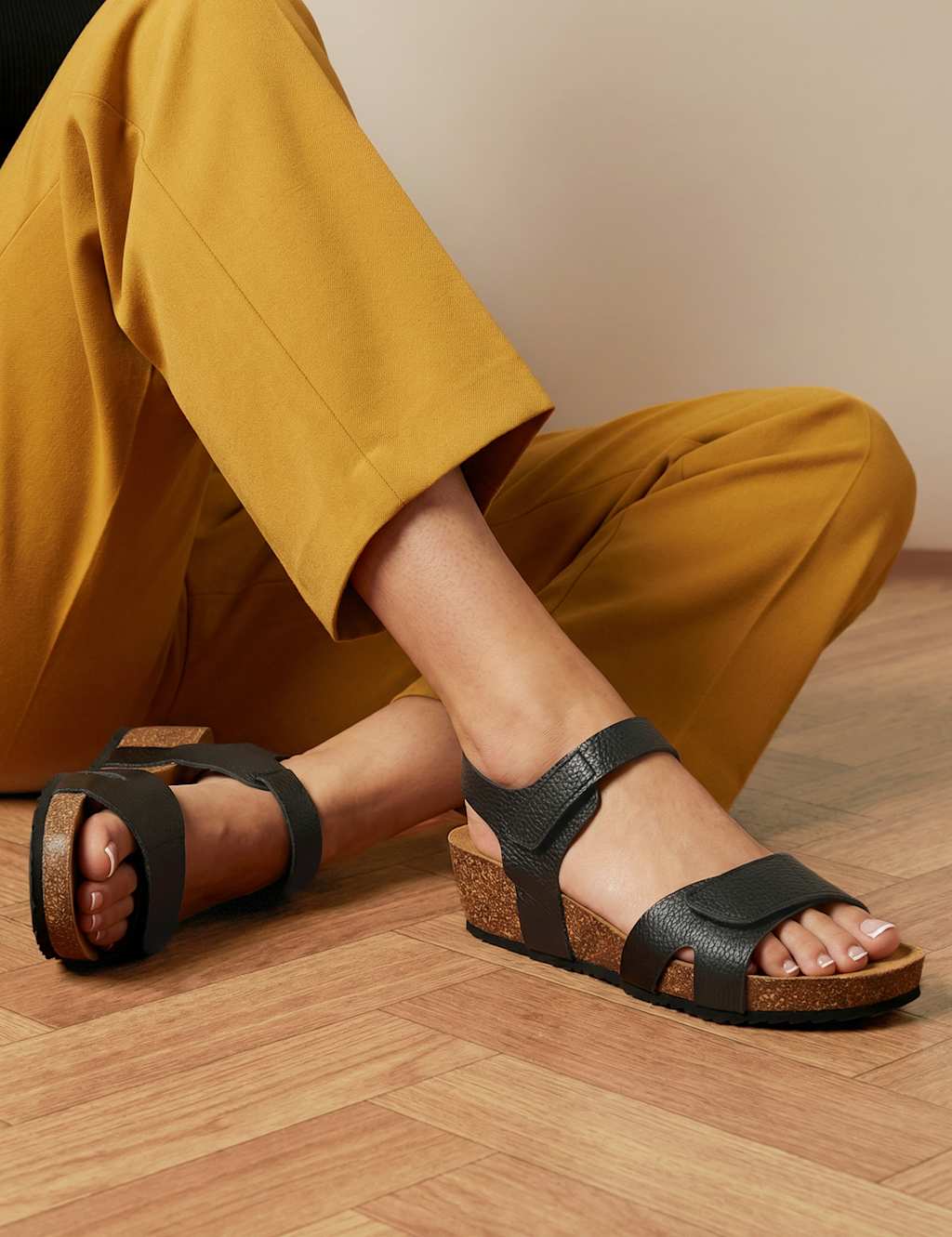 Jones Bootmaker Women's Wide Fit Leather Metallic Flatform Sandals - 6 - Black - Available at M&S