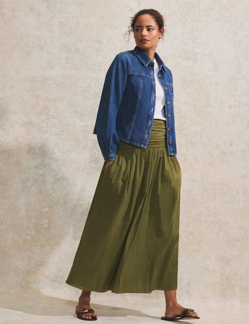 Pure Cotton Ruched Maxi A-Line Skirt