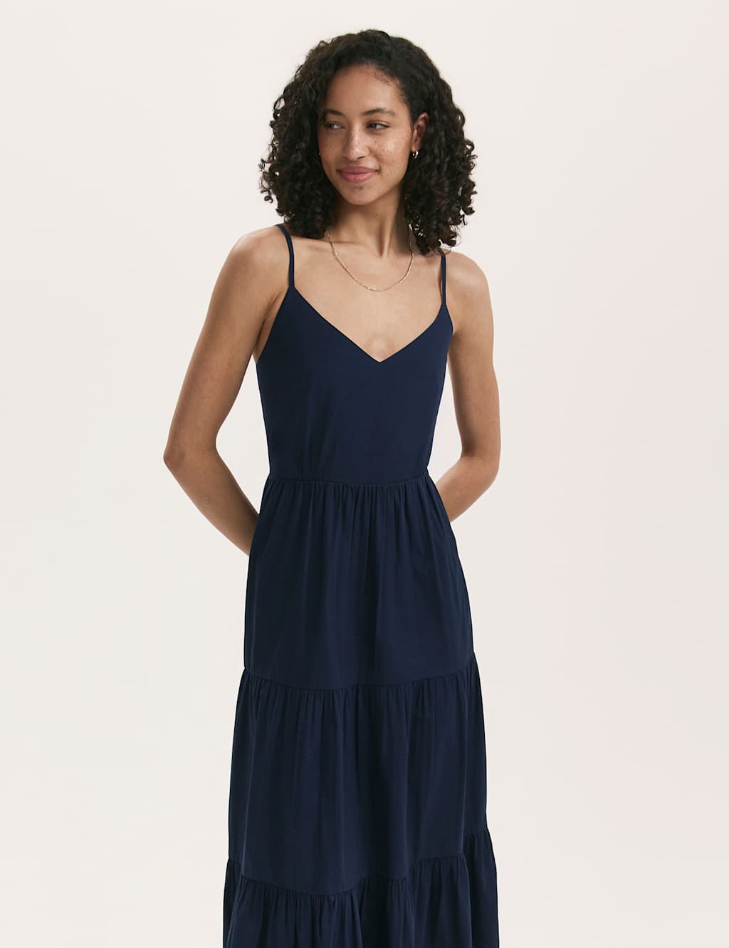 Finery London Women's Pure Cotton V-Neck Strappy Midi Tiered Dress - 24 - Navy - Available at M&S