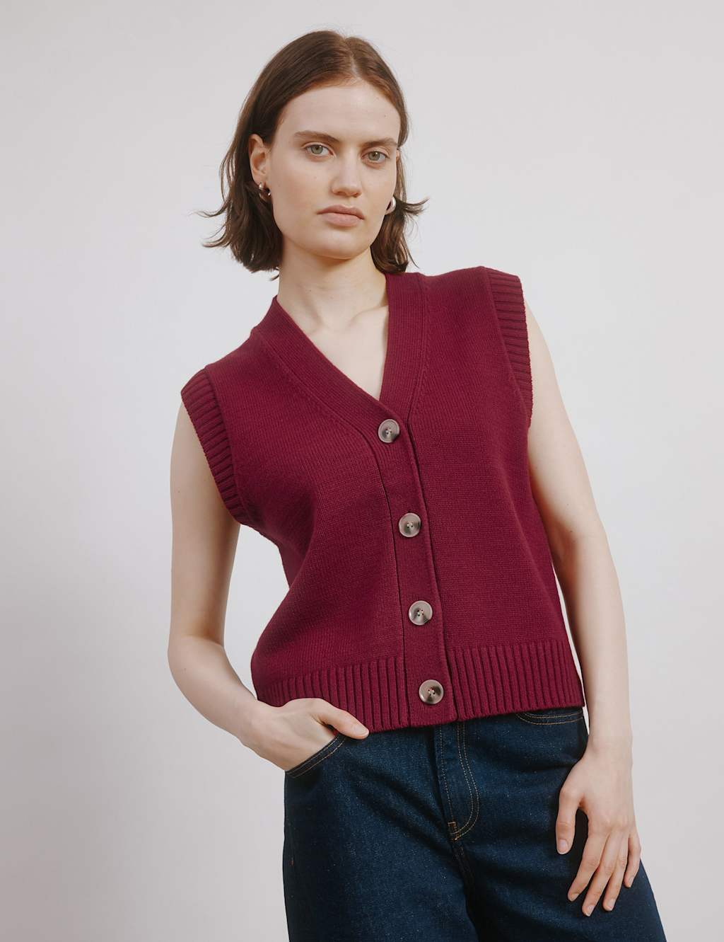 Albaray Women's V-Neck Button Front Waistcoat with Wool - 12 - Dark Red, Dark Red