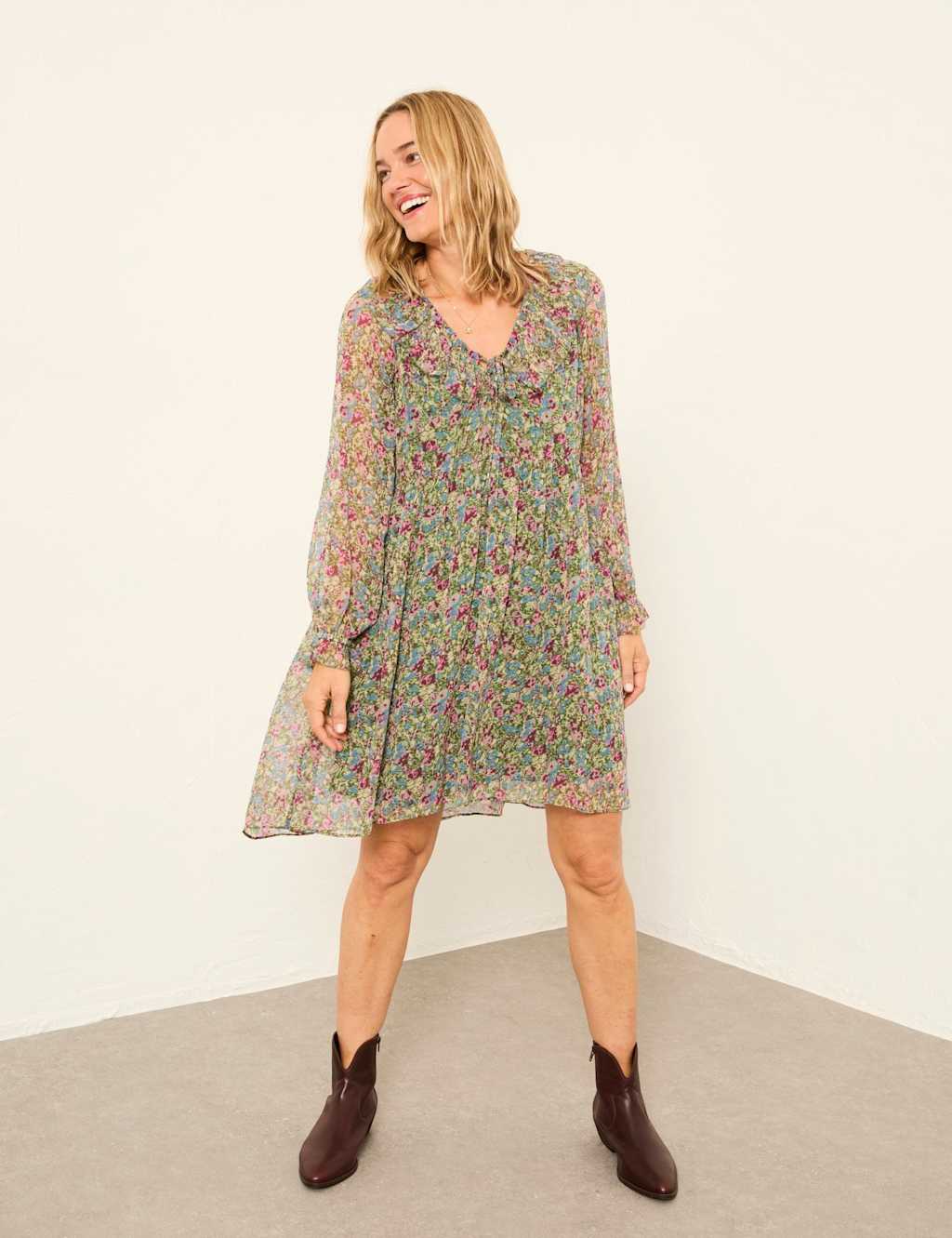 Fatface Women's Floral V-Neck Knee Length Tea Dress - 10 - Green Mix - Available at M&S