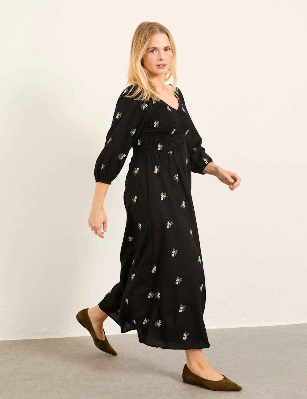 Fatface Women's Floral Embroidery Shirred Midi Skater Dress - 16 - Black Mix - Available at M&S