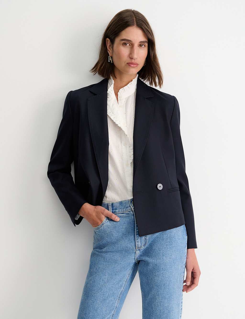 Sportscraft Wool Blend Double Breasted Cropped Blazer Navy