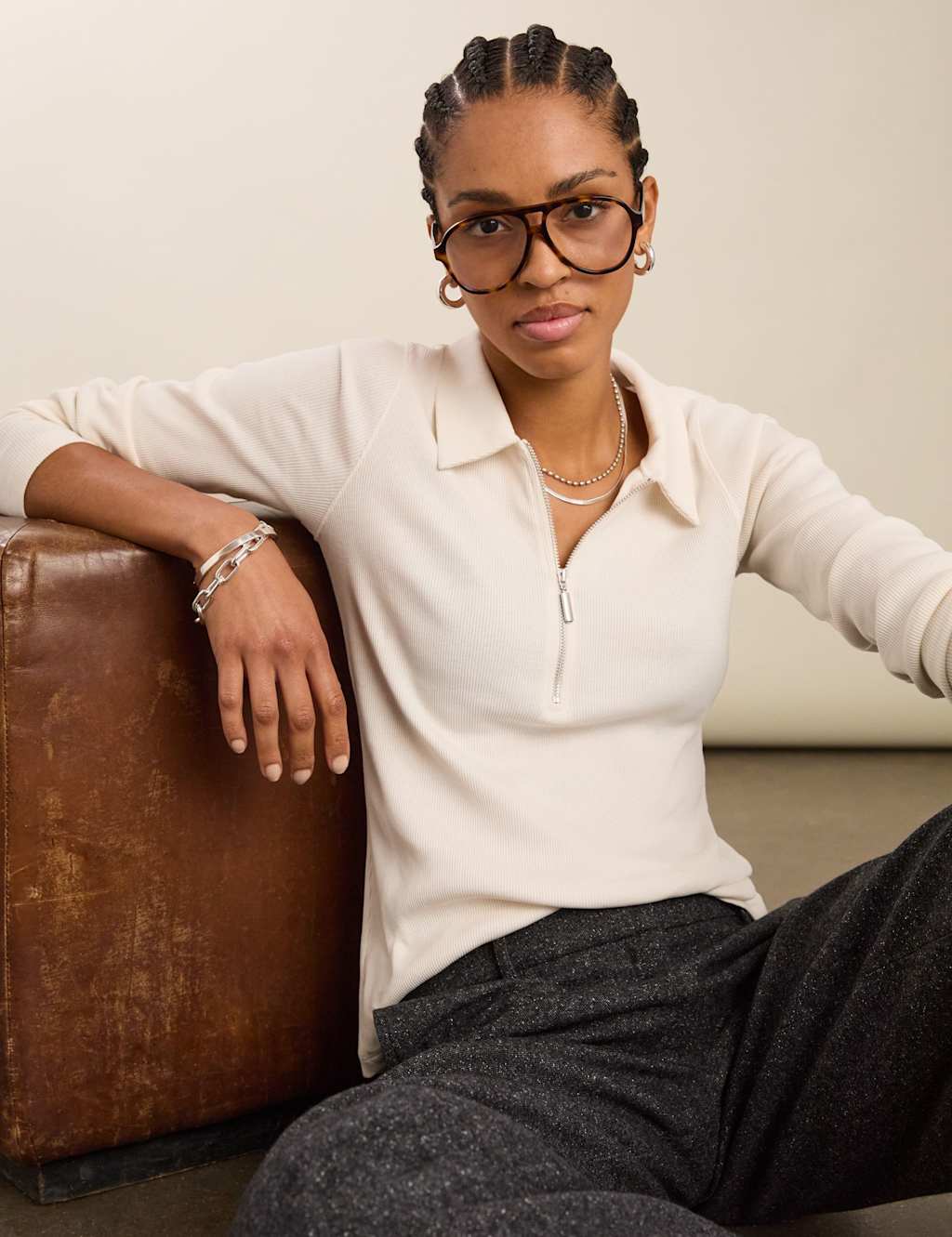 BAUKJEN Pure Cotton Half Zip Top Light Cream