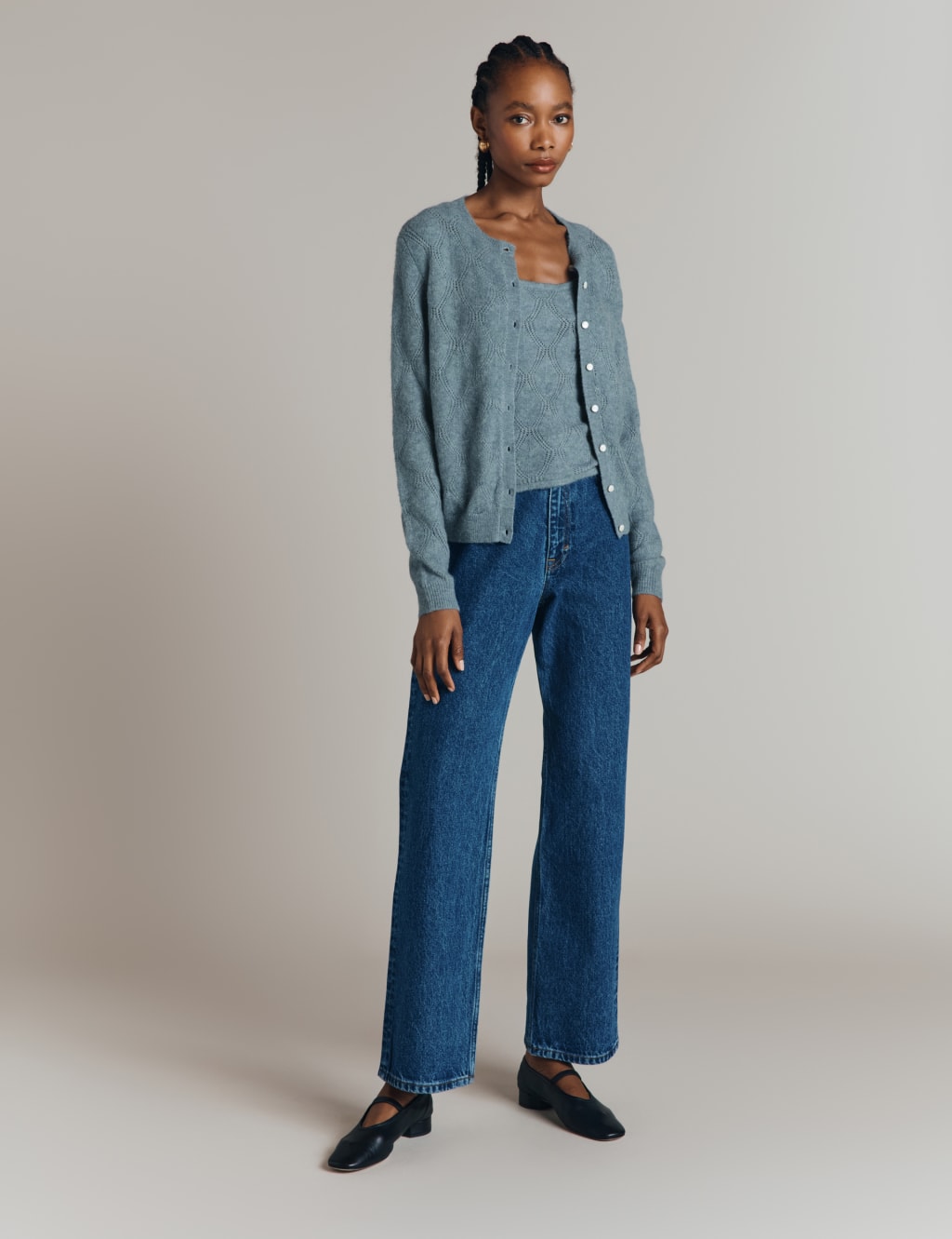 Pointelle Crew Neck Cardigan with Wool