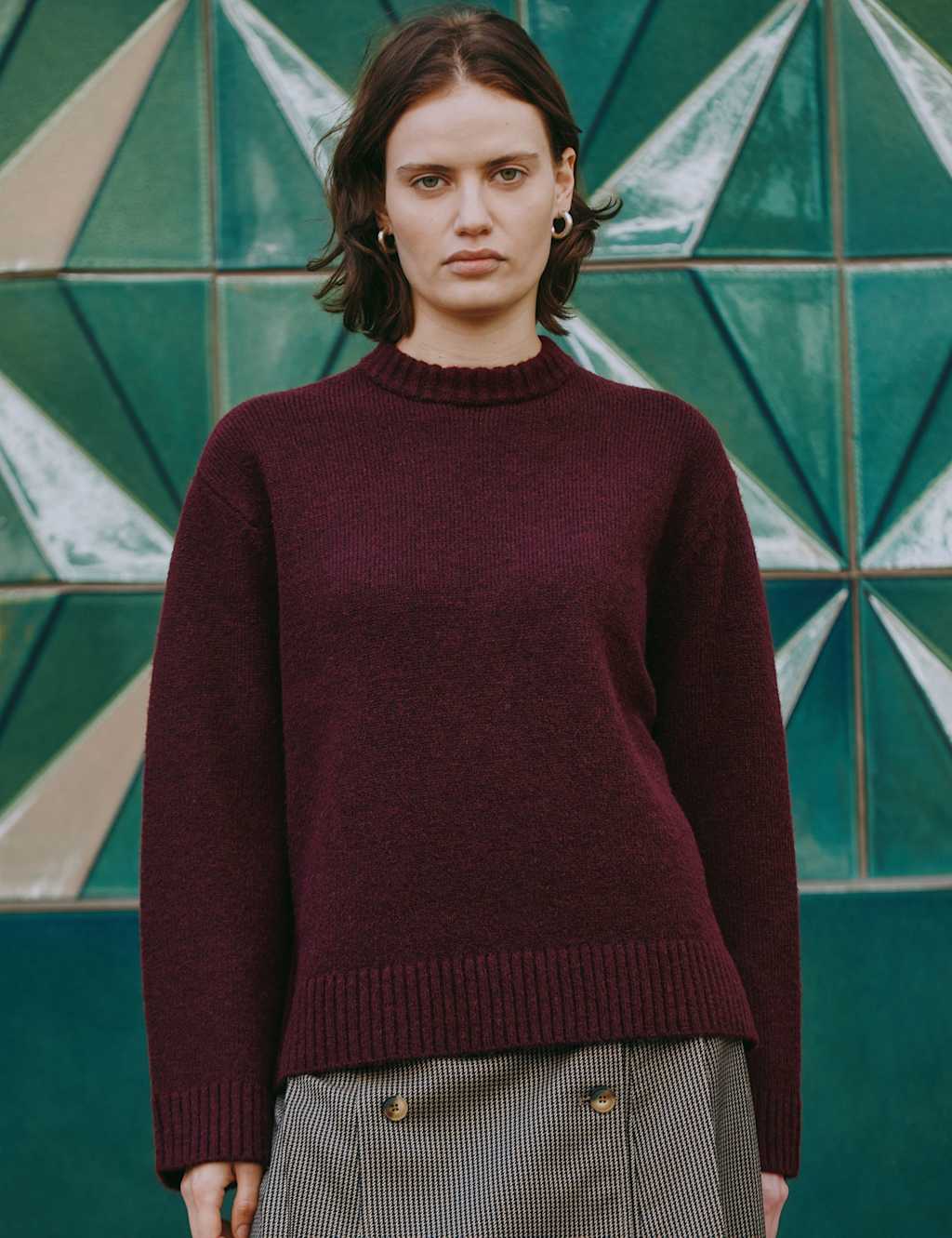 Albaray Textured Crew Neck Jumper with Wool Burgundy