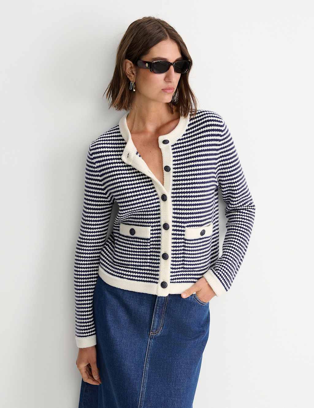 Sportscraft Wool Blend Striped Crew Neck Cardigan White Mix