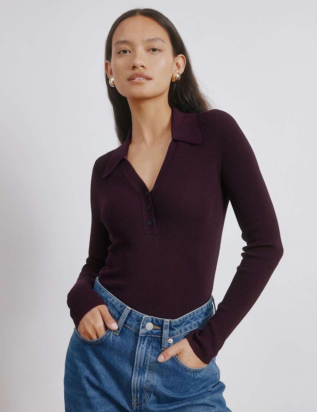 Albaray Women's Textured Collared Knitted Top - 12 - Burgundy, Burgundy