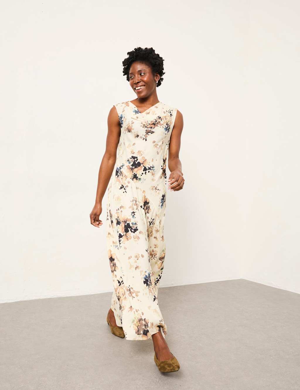 Fatface Women's Floral Cowl Neck Midi Skater Dress - 10 - Ivory Mix - Available at M&S