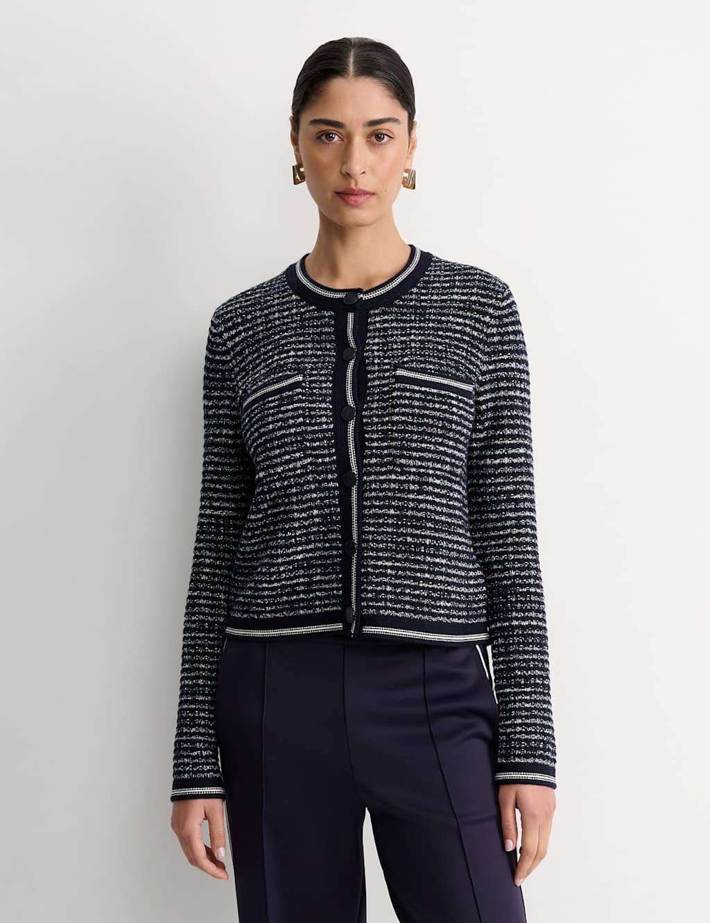 Sportscraft Wool Blend Textured Crew Neck Cardigan Navy Mix