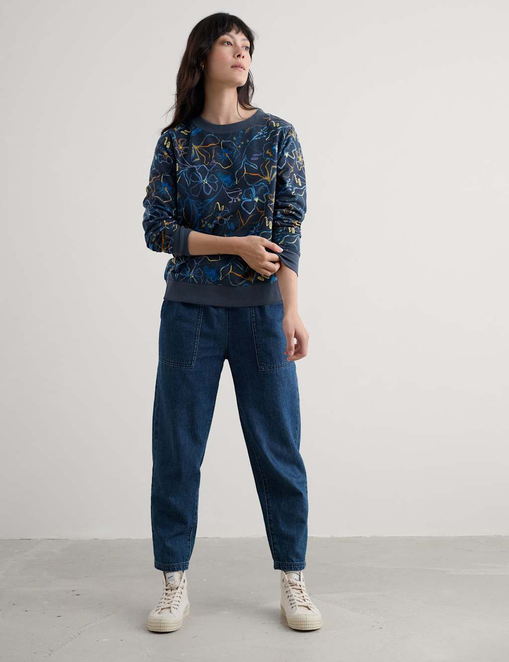 Seasalt Cornwall Pure Cotton Floral Crew Neck Sweatshirt Navy Mix