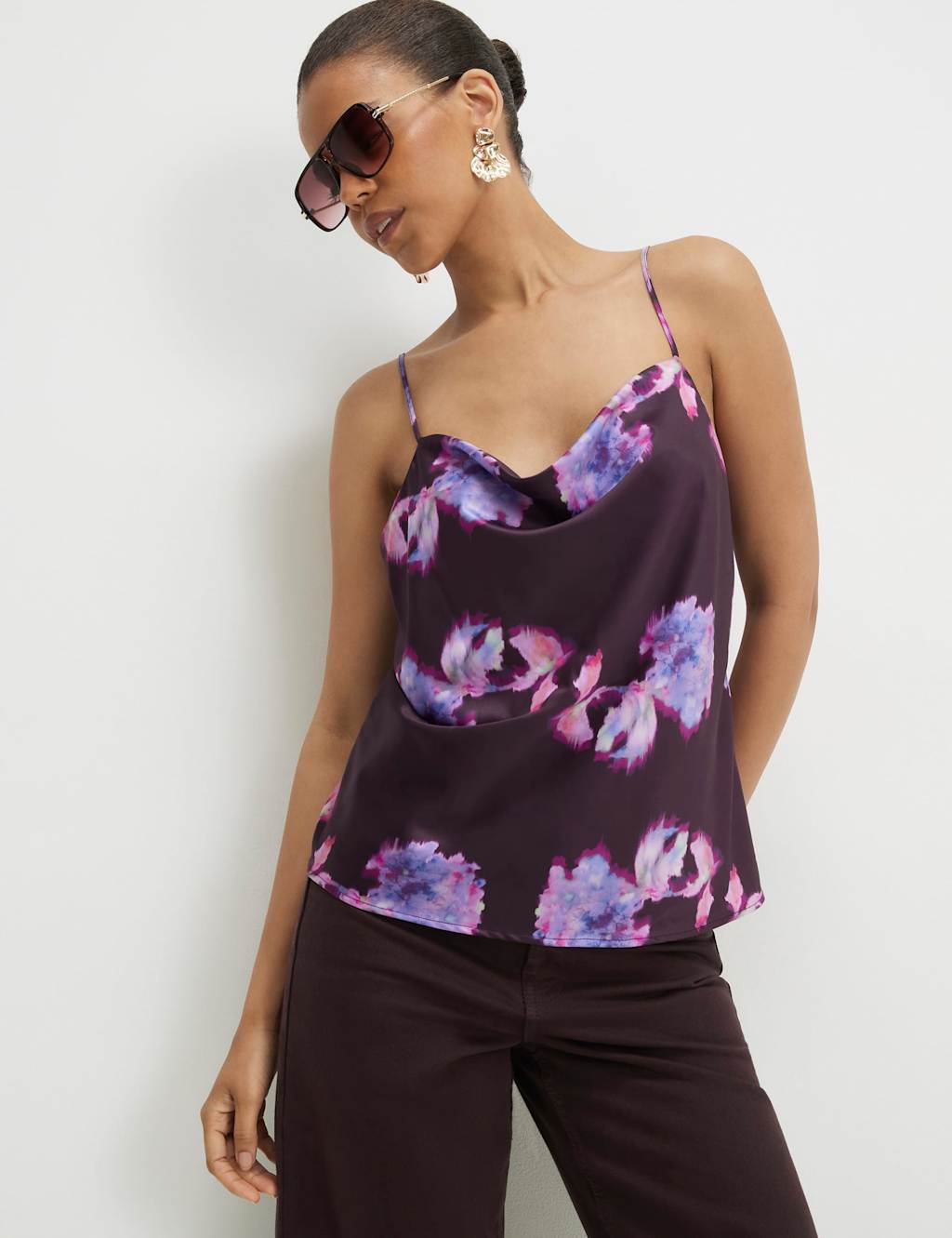River Island Women's Floral Cowl Neck Cami Top - 12 - Purple Mix - Available at M&S