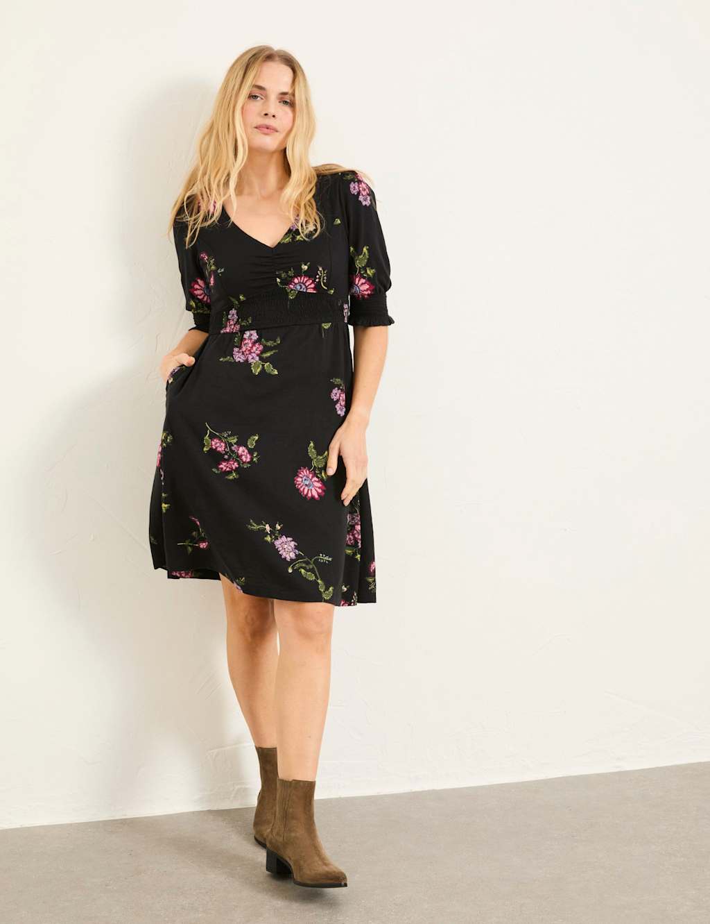 Fatface Women's Cotton Rich Floral Mini Waisted Dress - 6 - Black Mix - Available at M&S
