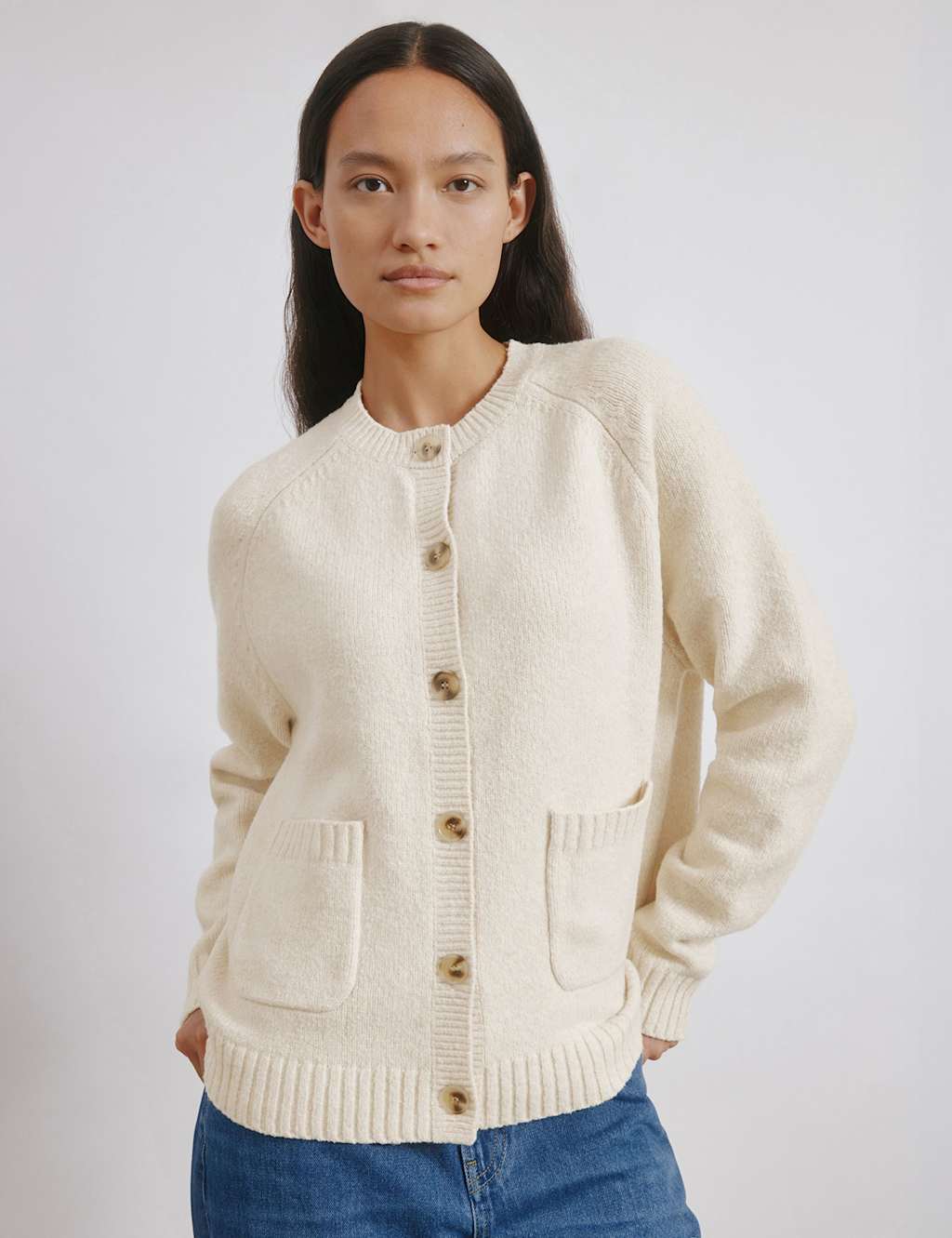 Albaray Textured Crew Neck Cardigan with Wool Cream
