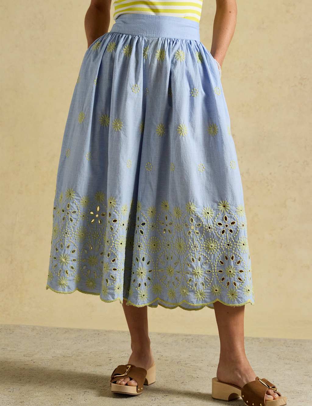 Joules Women's Pure Cotton Broderie Wide Leg Trousers - 14 - Blue - Available at M&S